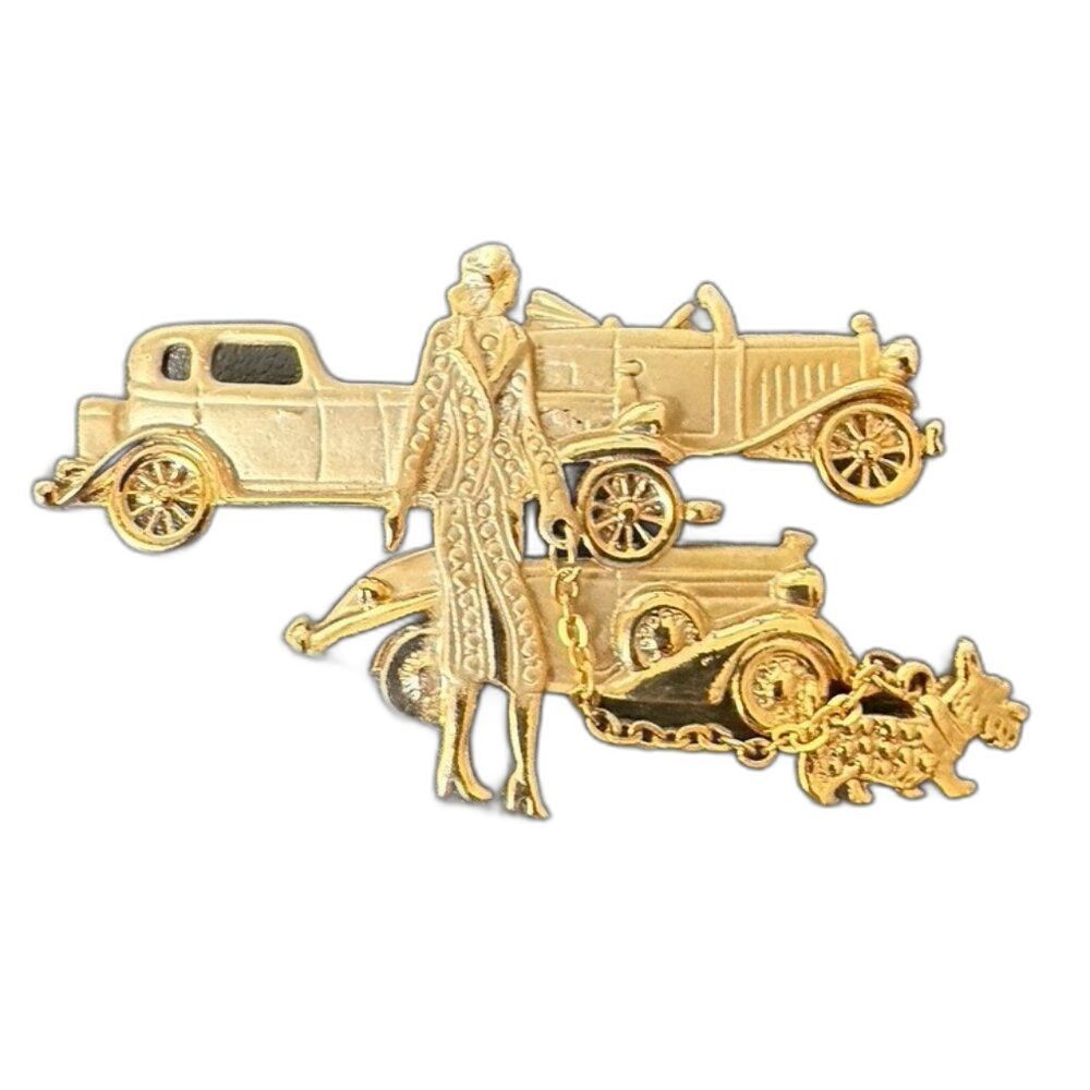 Vintage Woman Walking Dog w/ Antique Cars Art Deco Goldtone Brooch